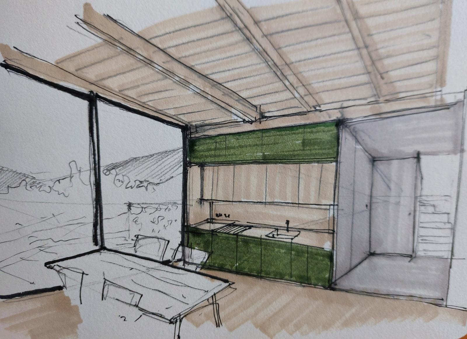 Szkic wnętrza domu z kuchnią w odcieniach zieleni, widok na zewnątrz przez duże okno, stół i krzesła na pierwszym planie.