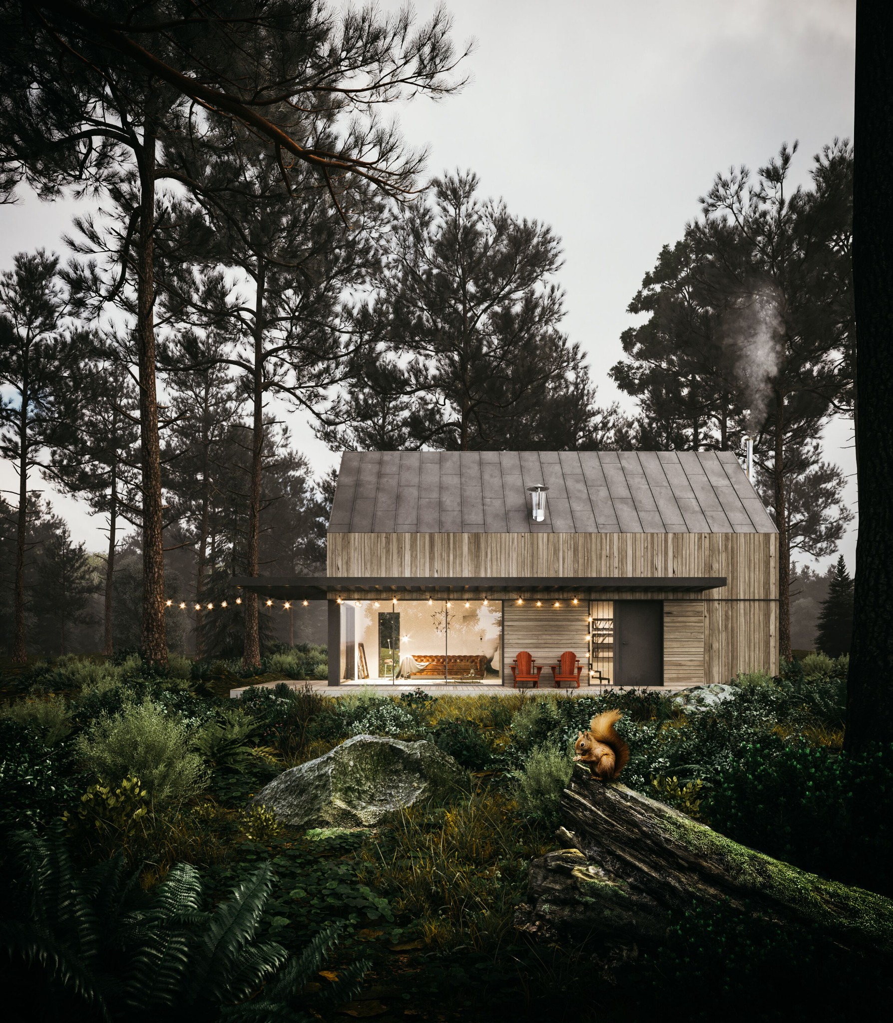 Nowoczesny dom z drewnianą elewacją, otoczony lasem, z wiewiórką na pierwszym planie i dymem z komina