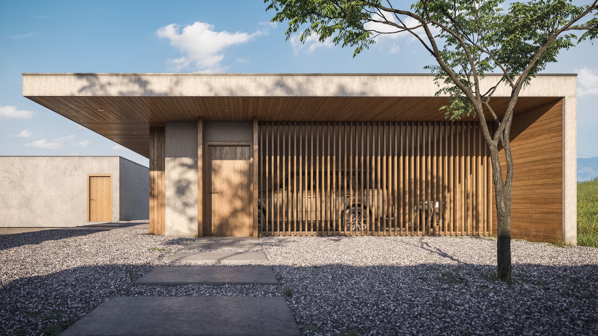 Nowoczesny dom z drewnianą elewacją i ażurową bramą garażową, samochód widoczny przez szczeliny, kamienny podjazd i minimalizm w architekturze.