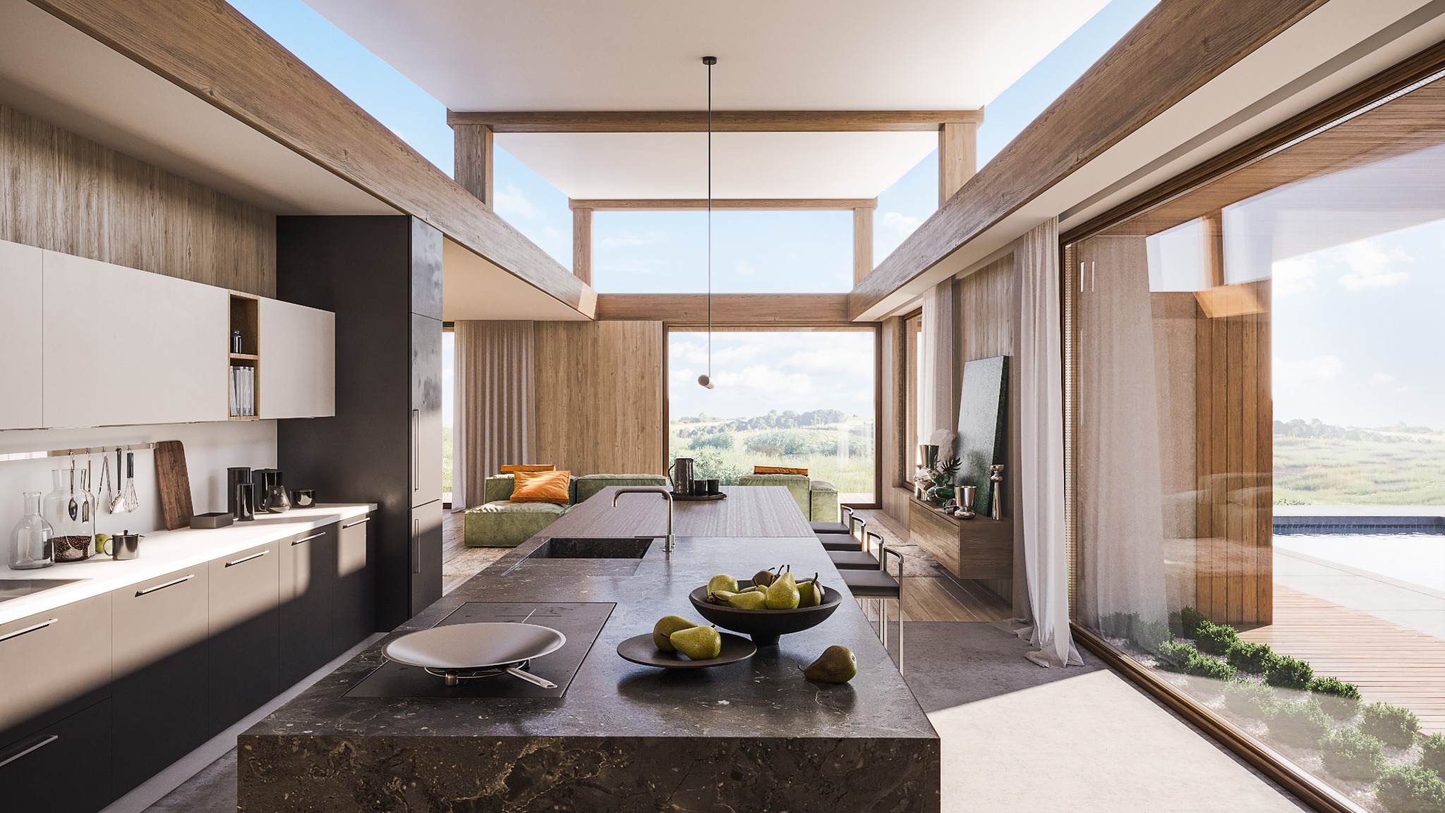 Nowoczesna kuchnia z wyspą z ciemnego kamienia, widok na salon i ogród przez panoramiczne okna, drewniane elementy konstrukcyjne, owoce w misie na wyspie.