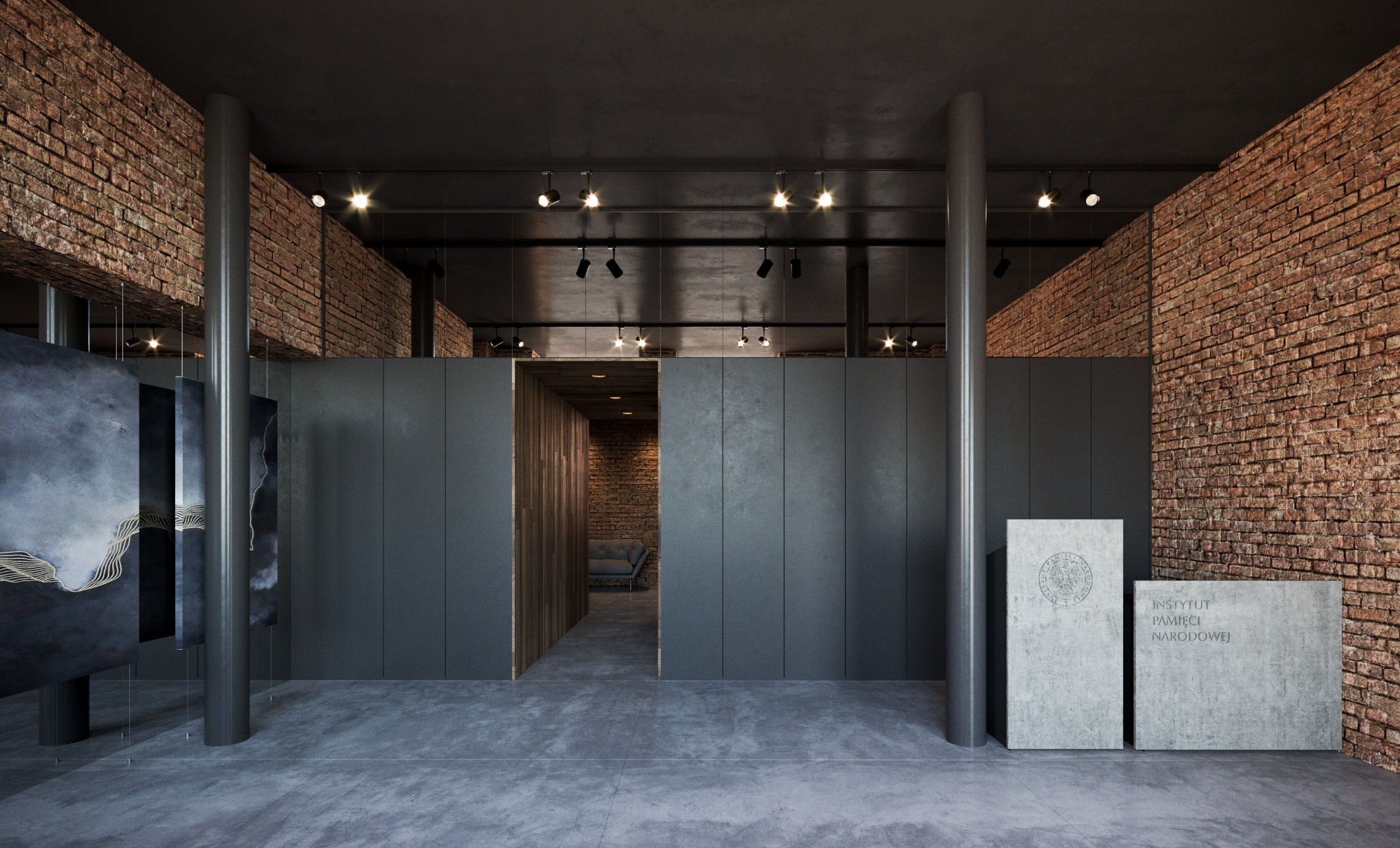 Wnętrze biura z surowymi ceglanymi ścianami, betonową podłogą i recepcją z logo Instytutu Pamięci Narodowej, oświetlone punktowymi lampami.