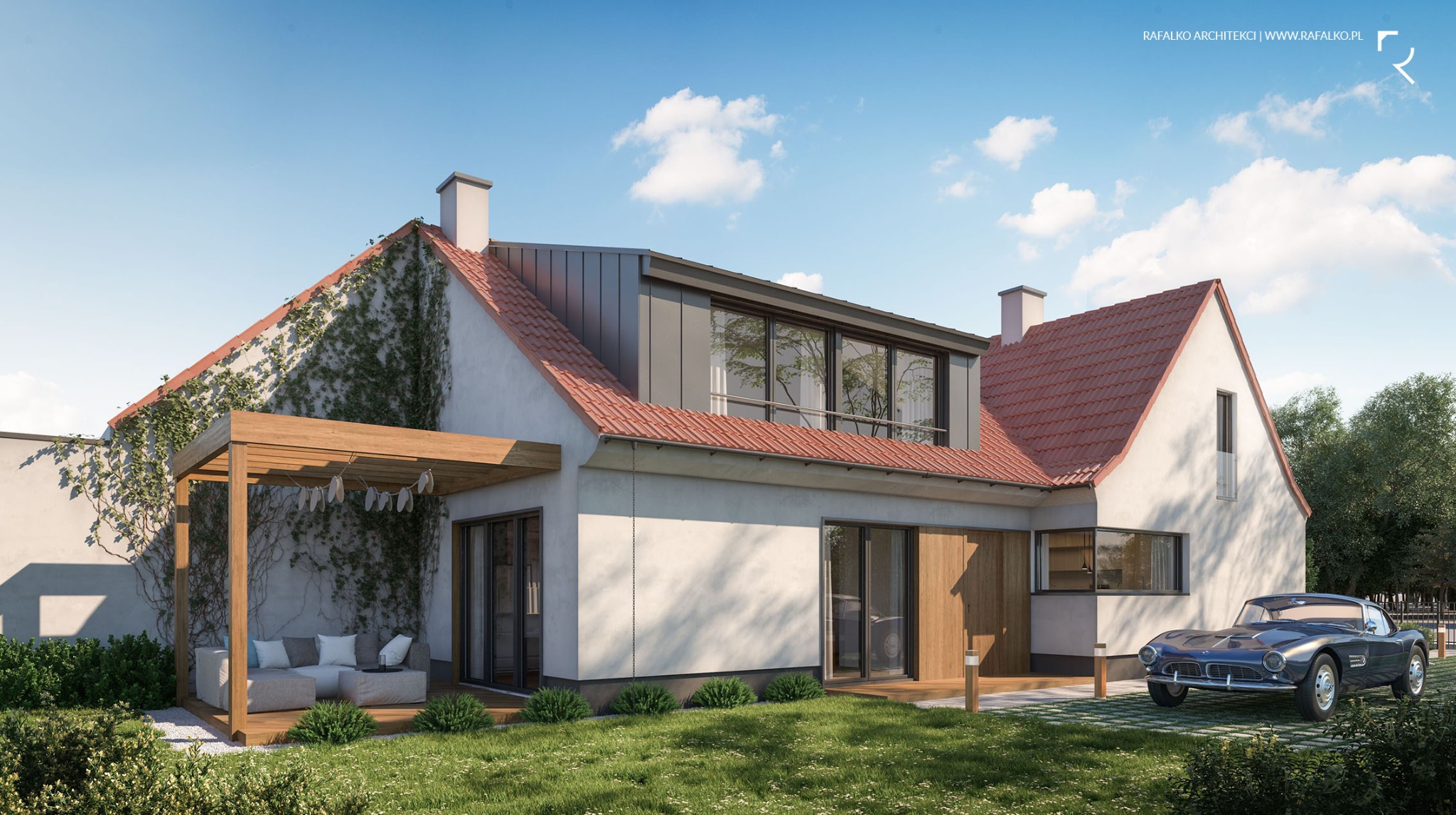 Wizualizacja nowoczesnego domu z czerwonym dachem, jasną elewacją częściowo porośniętą bluszczem, drewnianą pergolą z sofą ogrodową i klasycznym niebieskim samochodem na trawniku.