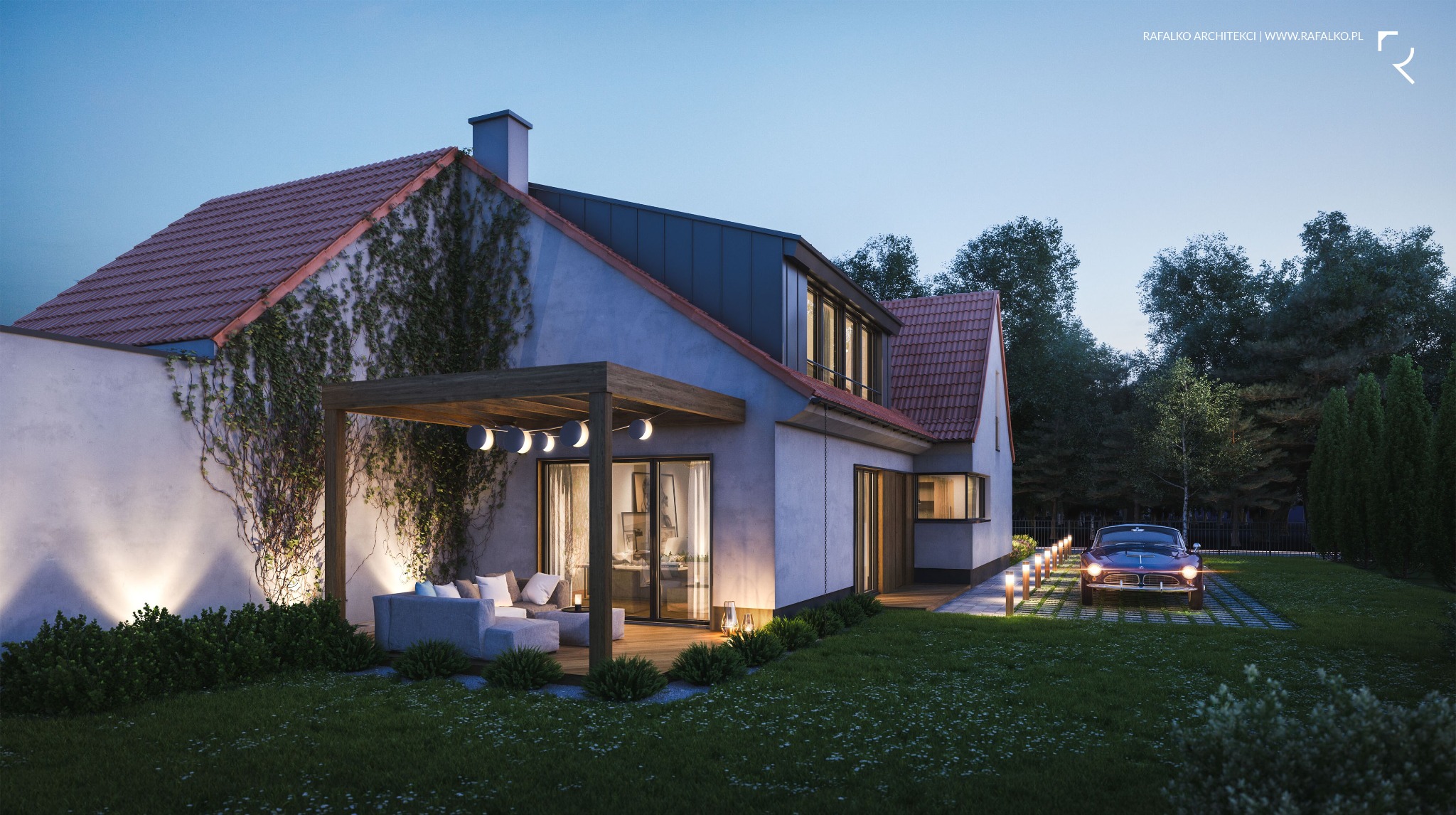 Wizualizacja zewnętrzna domu jednorodzinnego z podświetlanym tarasem, pergolą, pnączami na ścianie i klasycznym samochodem na podjeździe, oświetlonymi lampami.