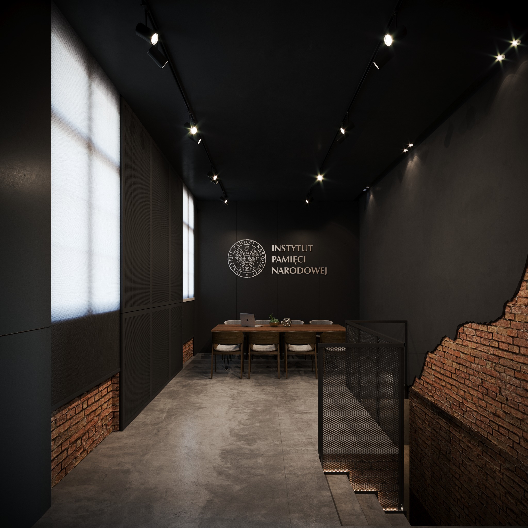 Wizualizacja wnętrza biura z ciemnymi ścianami, ceglanym akcentem i długim stołem konferencyjnym podświetlonym punktowymi lampami.