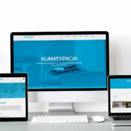 Responsywna strona internetowa o klimatyzacji wyświetlana na monitorze, tablecie i laptopie, obok doniczki z roślinami.