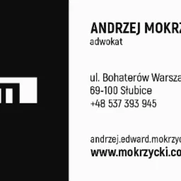 Wizytówka adwokata Andrzeja Mokrzyckiego z adresem, numerem telefonu, adresem e-mail i stroną internetową, obok logo w postaci stylizowanych drzwi.