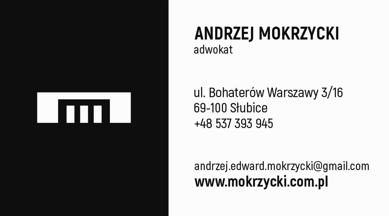 Wizytówka adwokata Andrzeja Mokrzyckiego z adresem, numerem telefonu, adresem e-mail i stroną internetową, obok logo w postaci stylizowanych drzwi.