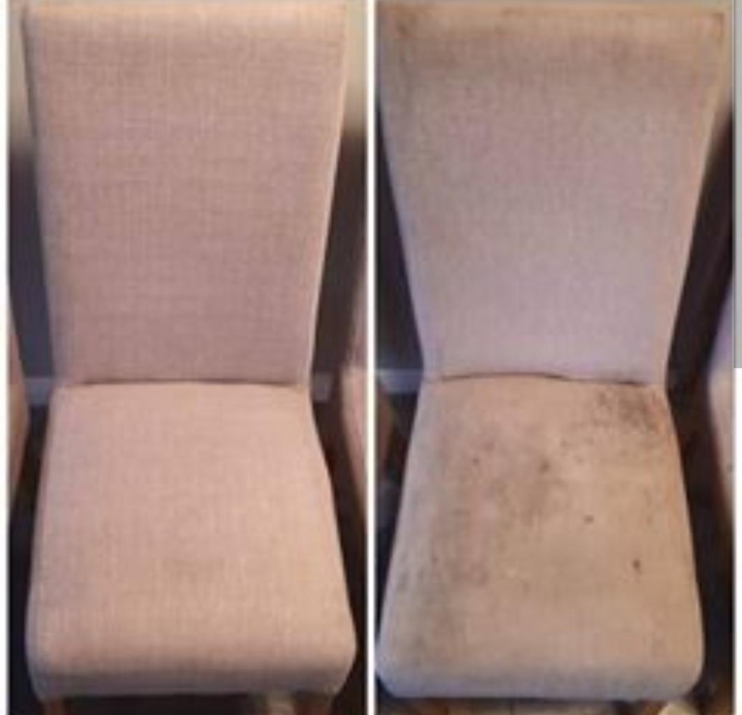 Krzesło tapicerowane przed i po czyszczeniu, widoczne wyraźne różnice w czystości tapicerki.