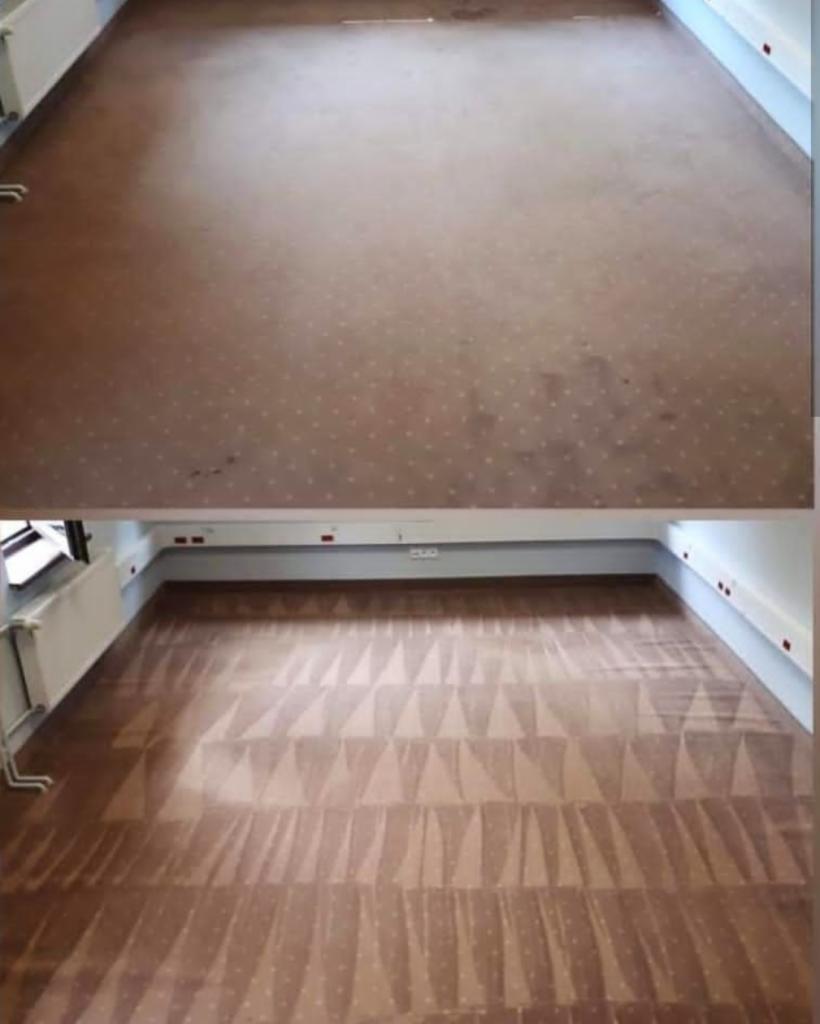 Porównanie dywanu przed i po praniu: widoczne różnice w czystości i wzorze, z plamami przed czyszczeniem i wyraźnym wzorem trójkątów po.