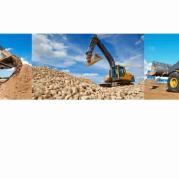 Kompozycja trzech zdjęć przedstawiających ciężki sprzęt budowlany: koparko-ładowarka wysypująca ziemię, koparka na tle hałdy kamieni i ładowarka kołowa na placu budowy.