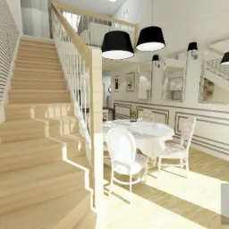 Wizualizacja wnętrza domu: schody z drewnianymi stopniami prowadzą na antresolę, obok okrągły stół z białym obrusem i krzesłami w kwiaty, ściany zdobione panelami i lustrami.