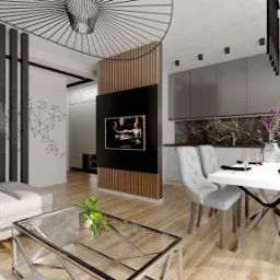 Wizualizacja nowoczesnego salonu z aneksem kuchennym w Puławach: szary narożnik, szklany stolik kawowy, drewniane lamele oddzielające strefę relaksu od jadalni z białym stołem i szarymi krzesłami.