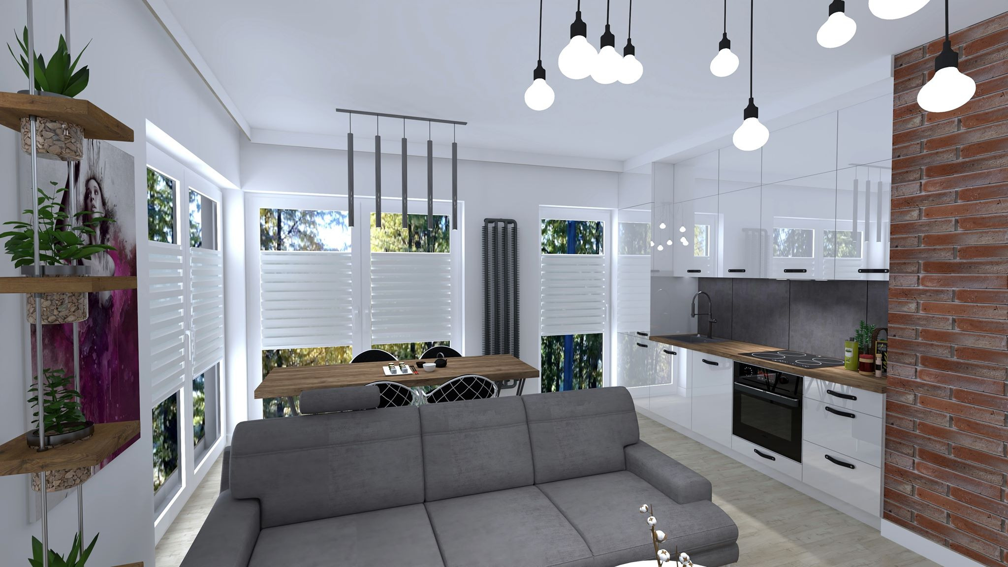 Wizualizacja wnętrza: salon z aneksem kuchennym w stylu nowoczesnym, szara sofa, stół z krzesłami, biała zabudowa kuchenna, ściana z czerwonej cegły, okna z żaluzjami, wiszące lampy.