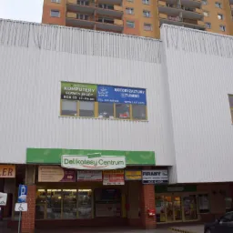 Zewnętrzny widok centrum handlowego z szyldami różnych firm, w tym komputerowego serwisu i sklepu z adresem i numerem telefonu, widoczne okna z ekspozycją towarów i zaparkowane samochody.