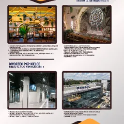 Kolaż zdjęć z realizacji montażu oświetlenia w różnych obiektach: restauracji, dworca PKP. Widoczne żyrandole, tablice rozdzielcze i instalacje elektryczne.