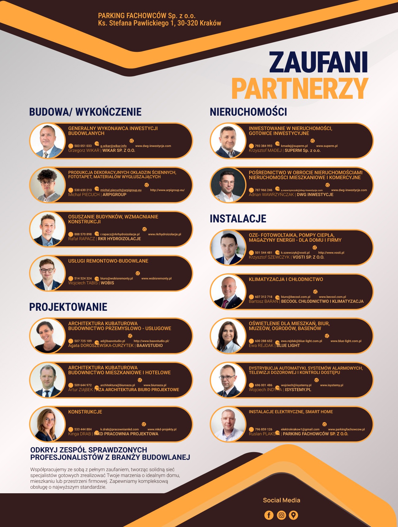 Baner reklamowy z ofertą firm budowlanych i instalacyjnych, w tym instalacje elektryczne i montaż oświetlenia. Prezentacja partnerów z branży.