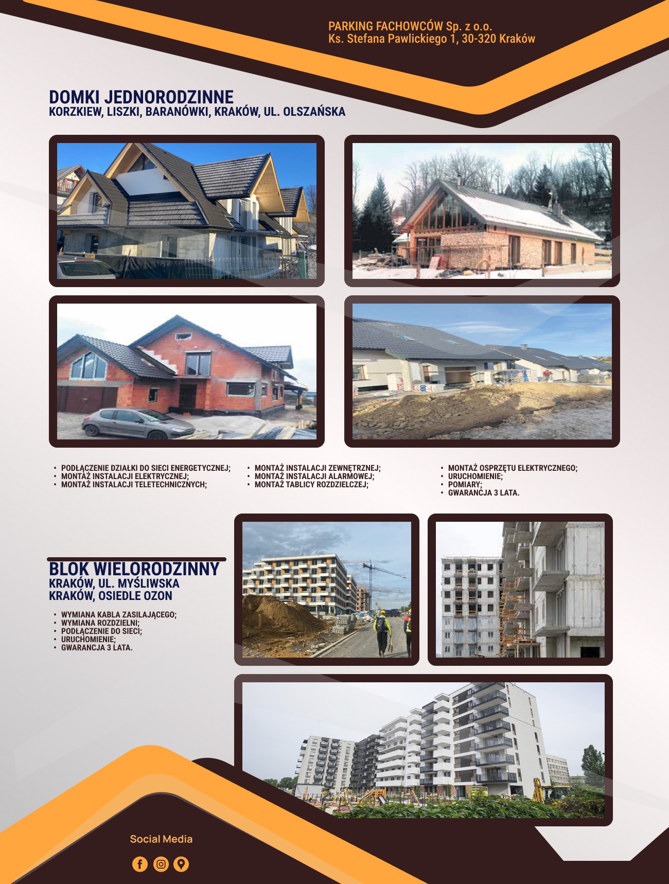 Zestawienie zdjęć domów jednorodzinnych i bloku wielorodzinnego w Krakowie, prezentujących etapy budowy i instalacji, z uwzględnieniem przyłączy i montażu.