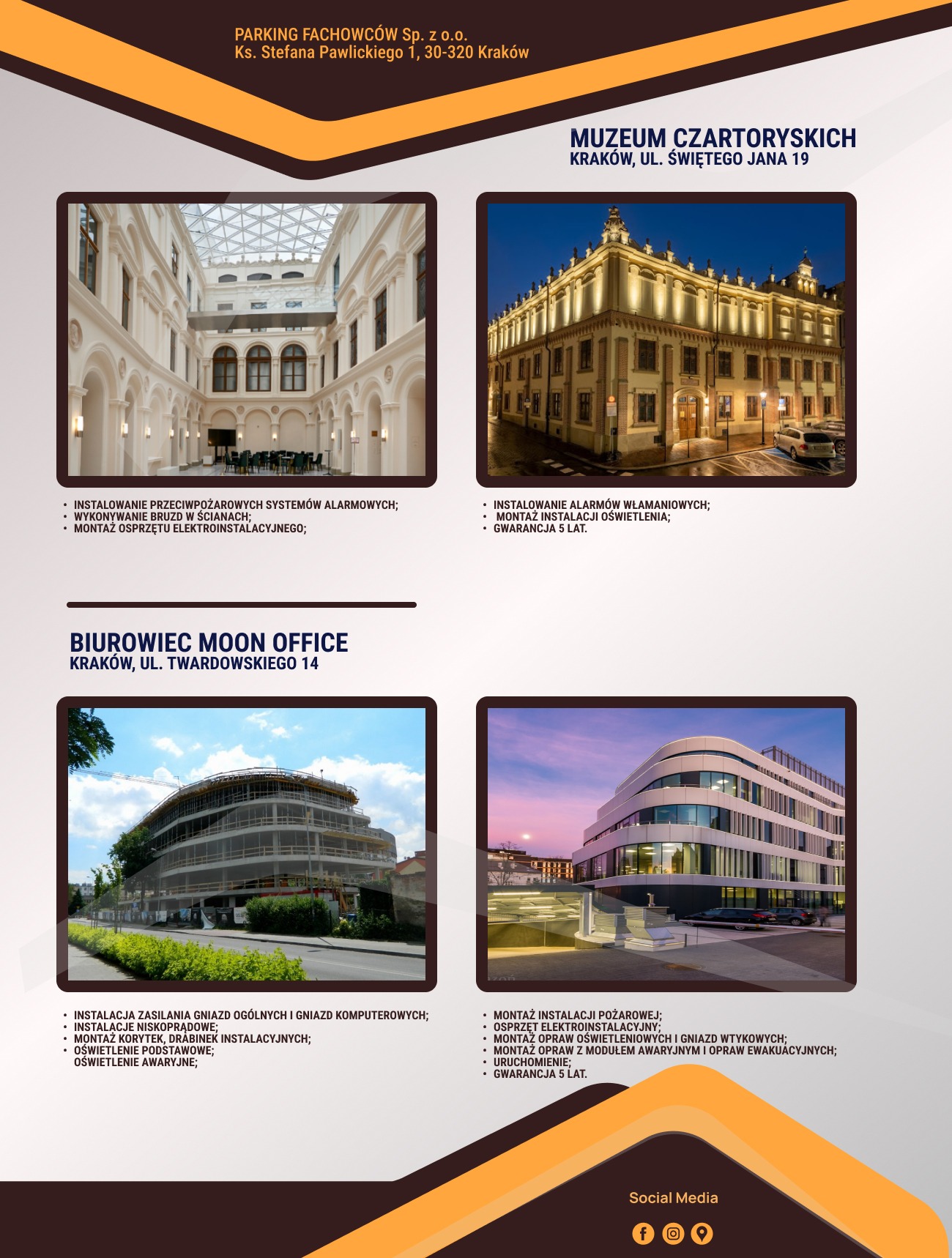 Cztery zdjęcia budynków w Krakowie: Muzeum Czartoryskich, biurowiec Moon Office i wnętrze budynku z instalacjami alarmowymi i elektrycznymi, oświetlenie.