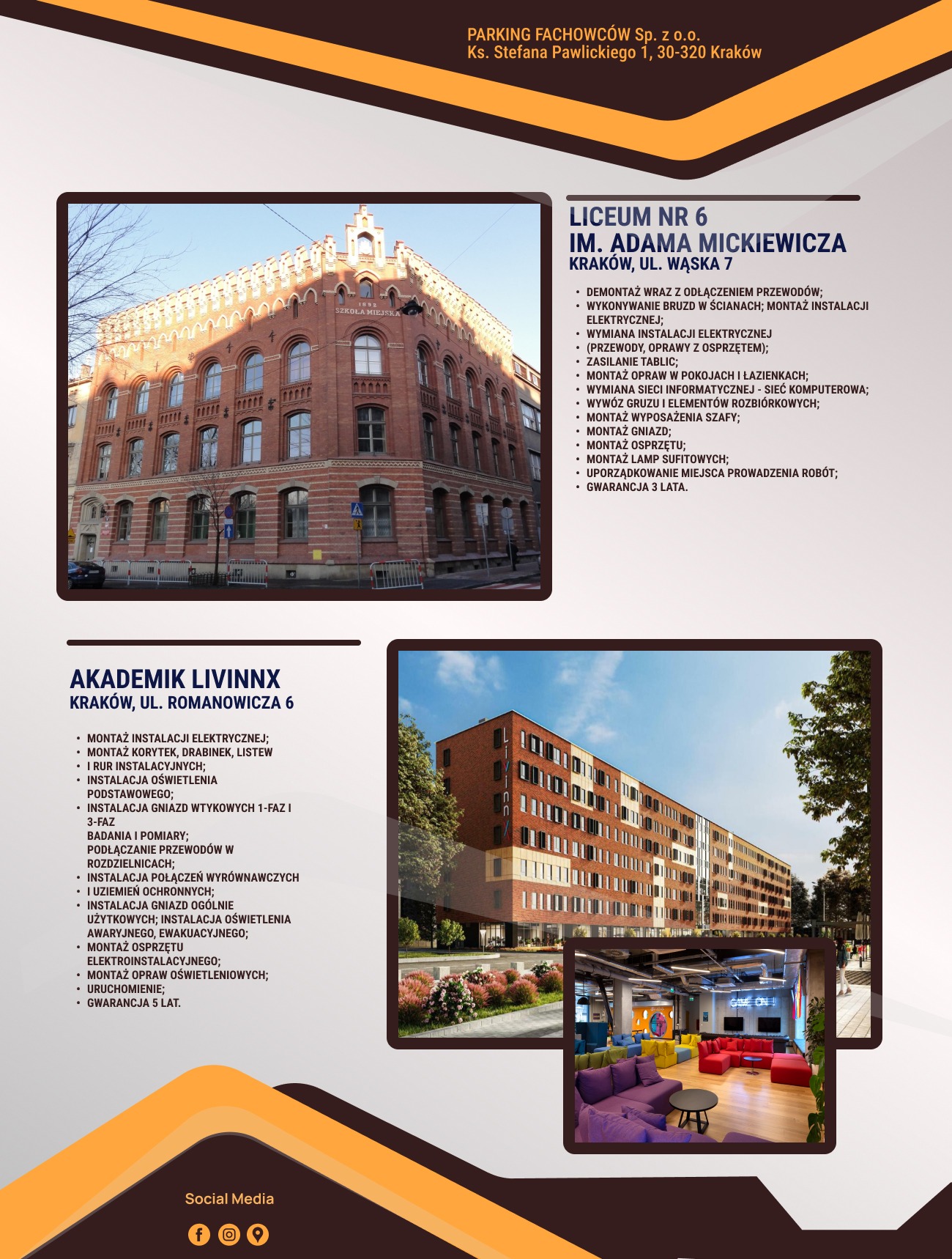 Zestawienie budynków: Liceum nr 6, Akademik Livinnx, oraz wnętrze z neonem 'Game On!', prezentujące instalacje elektryczne i oświetleniowe w Krakowie.