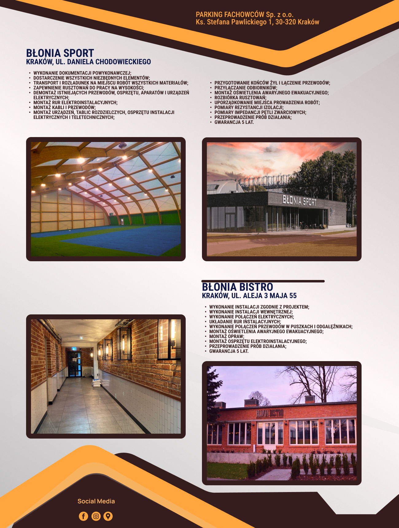 Wnętrze hali sportowej Błonia Sport z widoczną konstrukcją dachu i oświetleniem, ukazujące montaż instalacji elektrycznych i teletechnicznych.