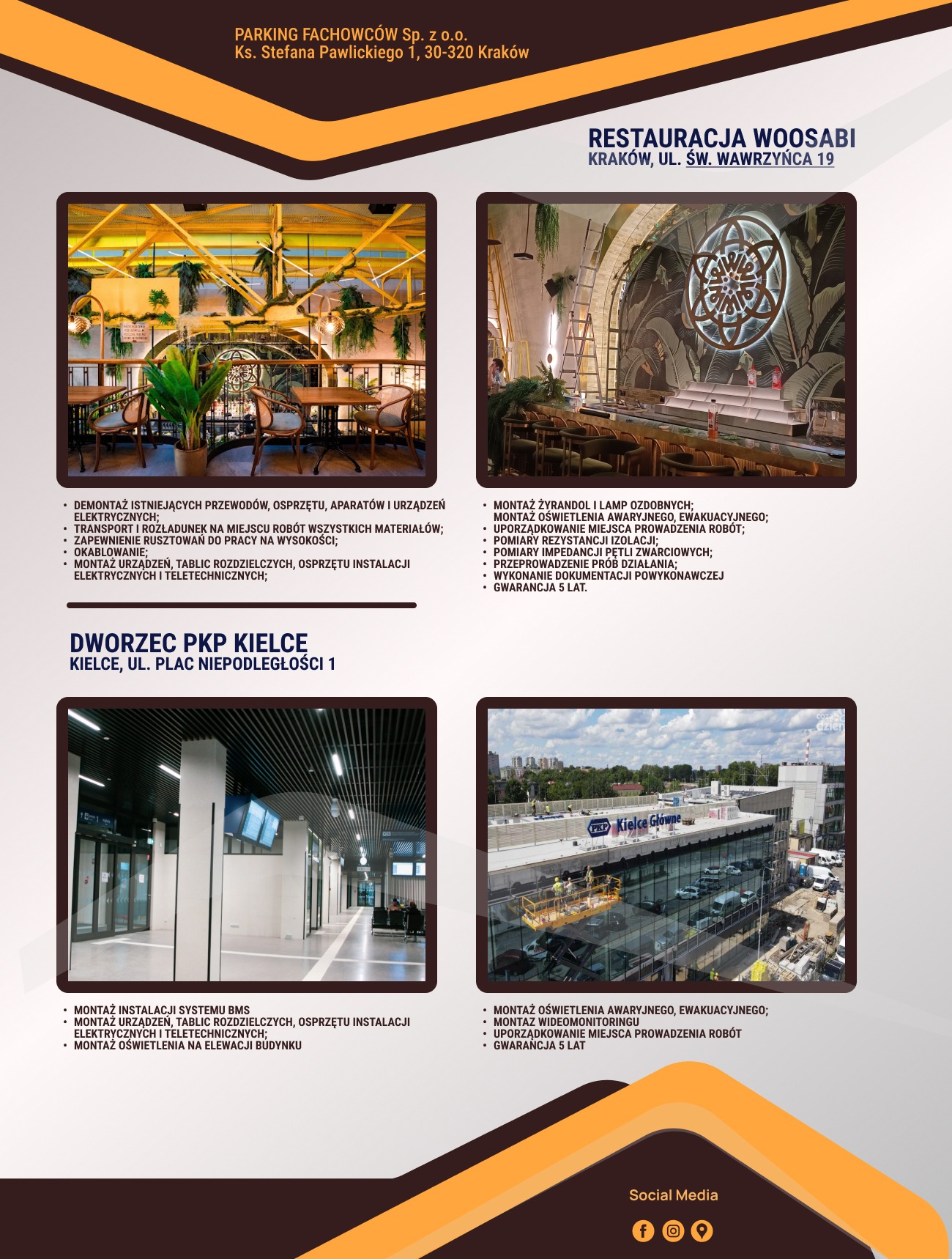 Kolaż zdjęć z realizacji montażu oświetlenia w różnych obiektach: restauracji, dworca PKP. Widoczne żyrandole, tablice rozdzielcze i instalacje elektryczne.