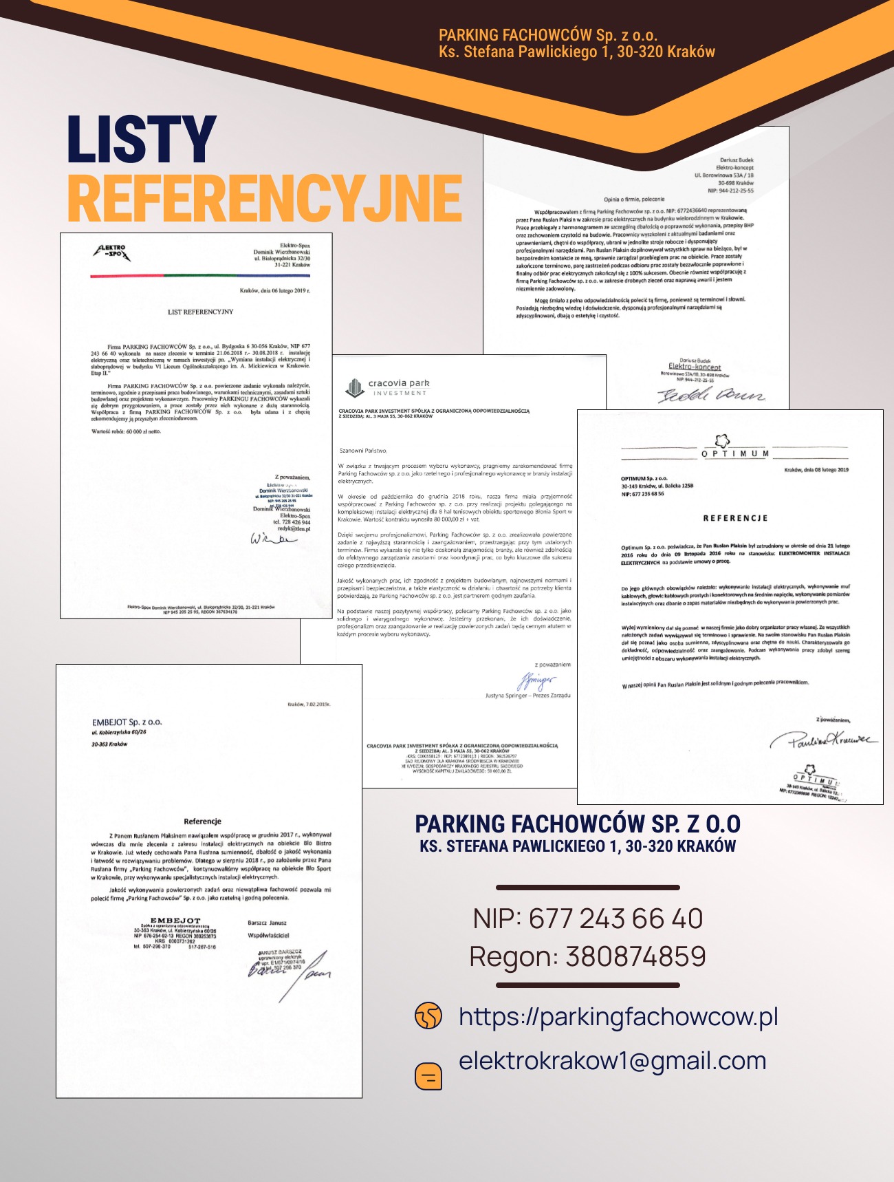 Zestawienie referencji dla firmy elektrycznej Parking Fachowców z Krakowa, zawierające opinie i rekomendacje od różnych firm i instytucji. Dokumenty z pieczęciami i podpisami.
