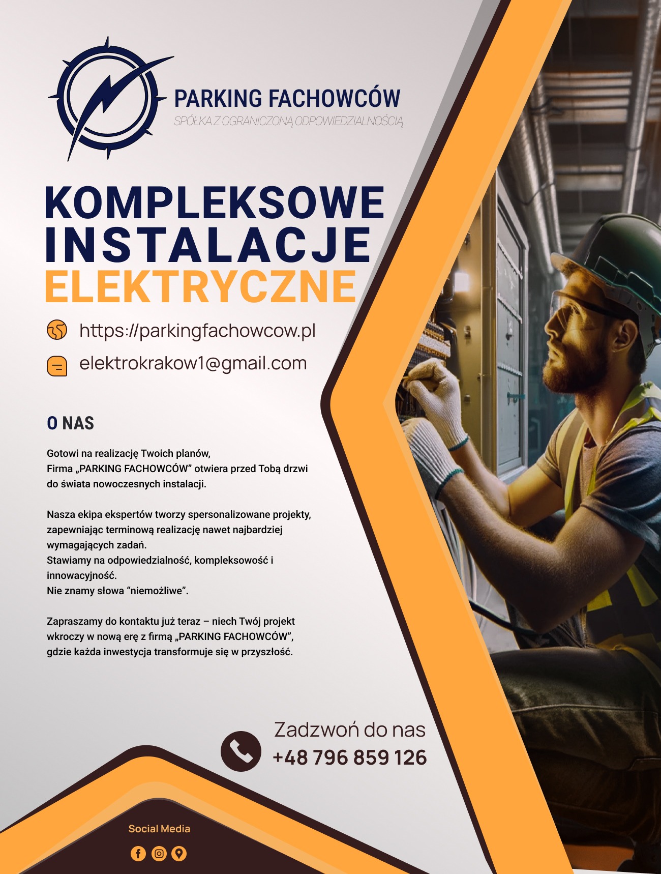 Plakat firmy Parking Fachowców z elektrykiem przy pracy. Oferta: kompleksowe instalacje elektryczne. Kontakt: strona internetowa, email i numer telefonu.