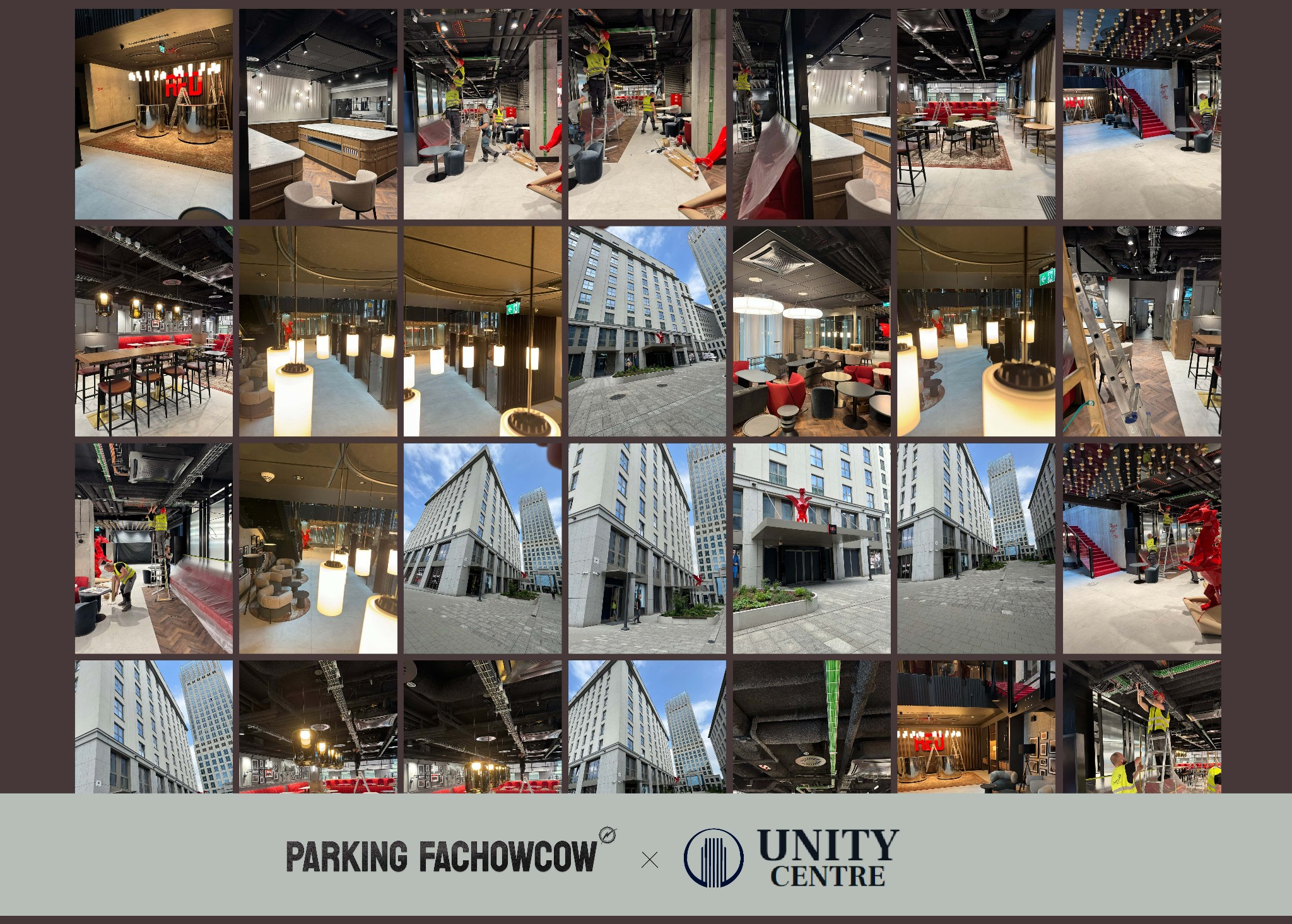 Montaż oświetlenia w Unity Centre: pracownicy na drabinach instalują lampy sufitowe, widoczne kable i elementy instalacji. Nowoczesne wnętrze budynku.