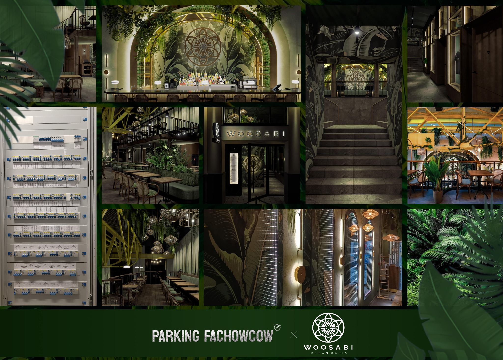 Kolaż wnętrz restauracji Woosabi: bar z tropikalnym motywem, schody z malowidłami, stoliki z roślinami, oświetlenie dekoracyjne i tablica rozdzielcza.
