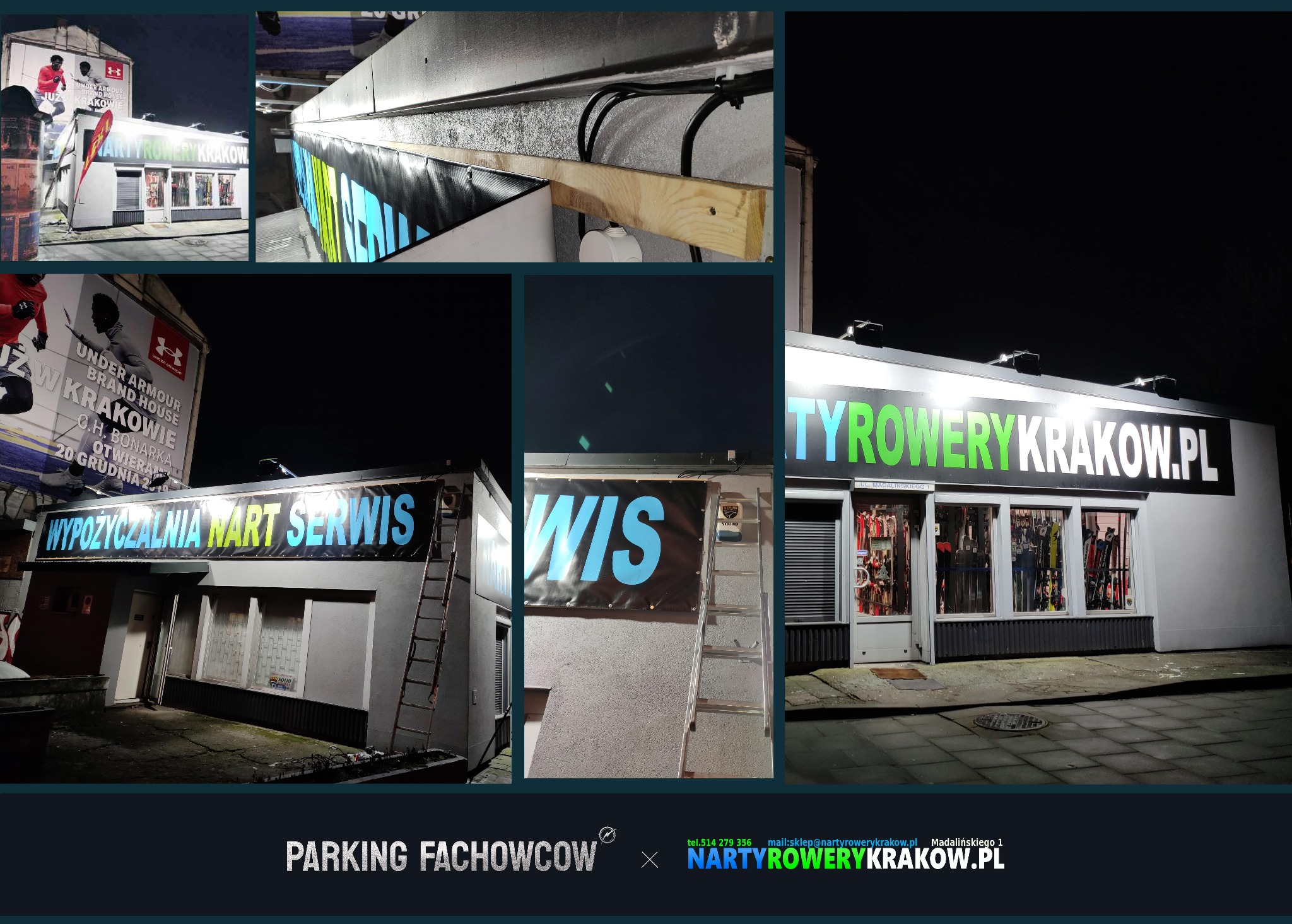 Montaż oświetlenia zewnętrznego budynku usługowego z podświetlanym szyldem, widoczne okablowanie i lampy LED. Prace na wysokości z użyciem drabiny.