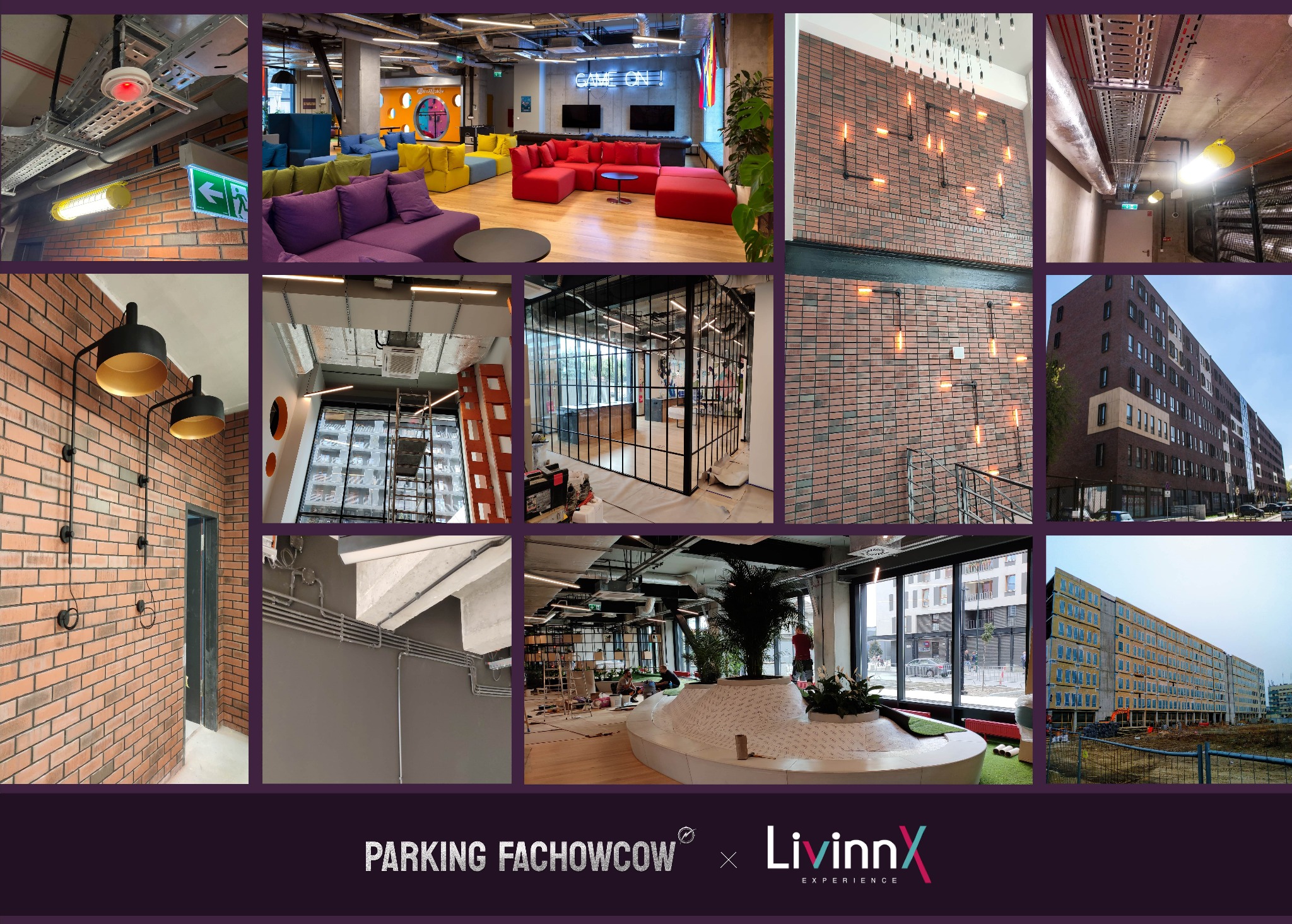 Mozaika zdjęć z instalacji elektrycznych w nowoczesnych wnętrzach biurowych: kable w korytach, lampy na ceglanej ścianie, budynek z zewnątrz.