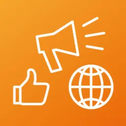 Graficzna reprezentacja marketingu internetowego: ikona megafonu, polubienia i kuli ziemskiej na pomarańczowym tle.