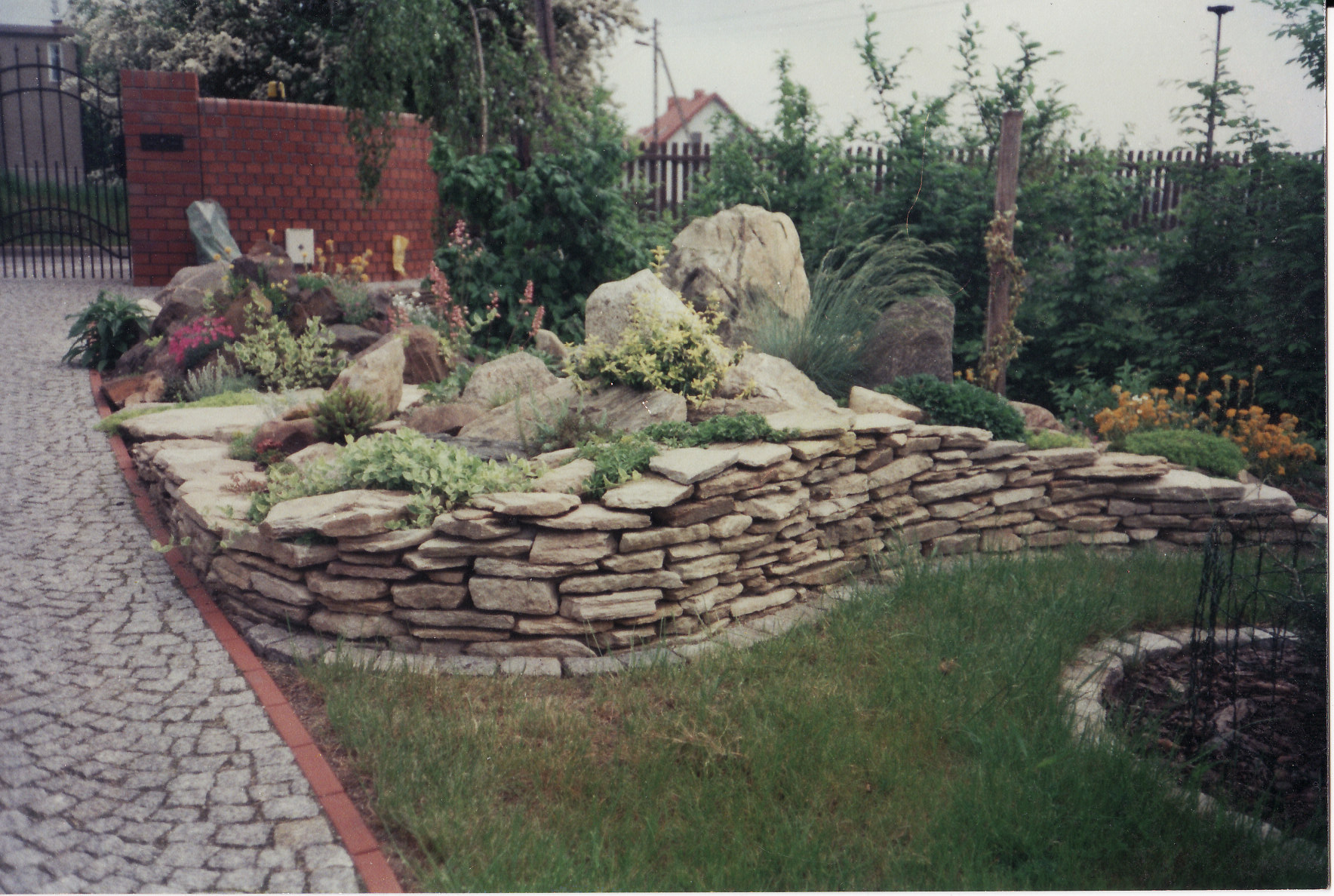 Ogród z kamienną rabatą i ścieżką z kostki granitowej. Kamienna rabata tworzy tarasy, na których rosną rośliny i kwiaty. W tle widoczny fragment domu i ogrodzenie.
