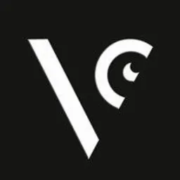 Białe logo z geometrycznych kształtów na czarnym tle, przypominające literę 'V' z elementem w kształcie oka.