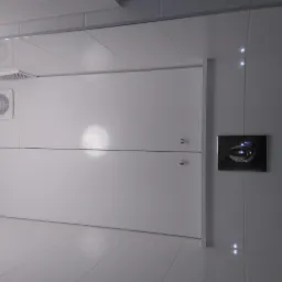 Nowoczesna, biała łazienka z ukrytą szafką, widoczny wentylator sufitowy i chromowany przycisk spłuczki na ścianie z płytek.