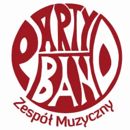 Logo zespołu muzycznego 'Party Band' w okręgu, czerwone napisy na białym tle.