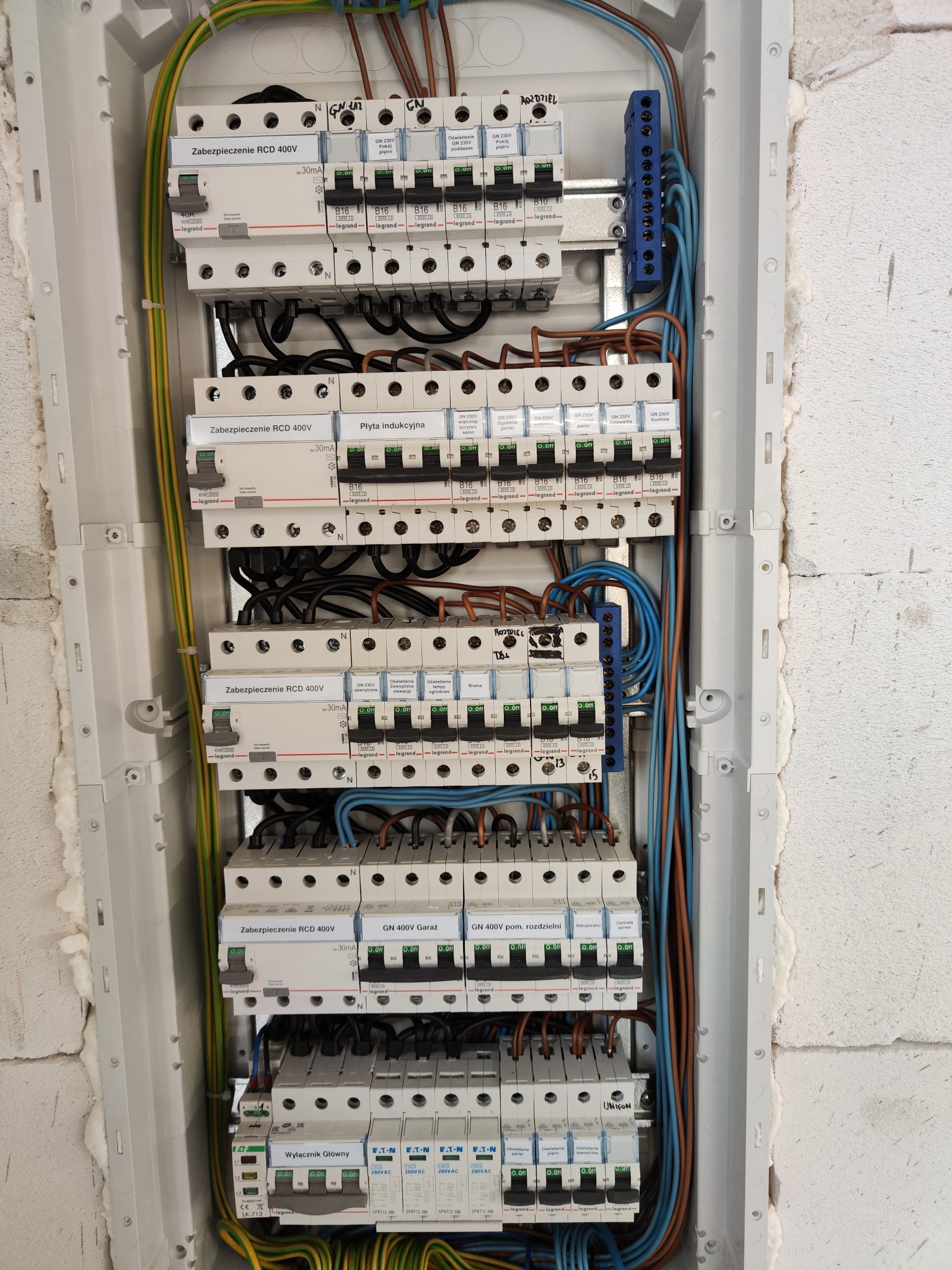 Otwarta skrzynka rozdzielcza z widocznymi bezpiecznikami, przewodami i listwami zaciskowymi, zamontowana na surowej ścianie z betonu komórkowego.