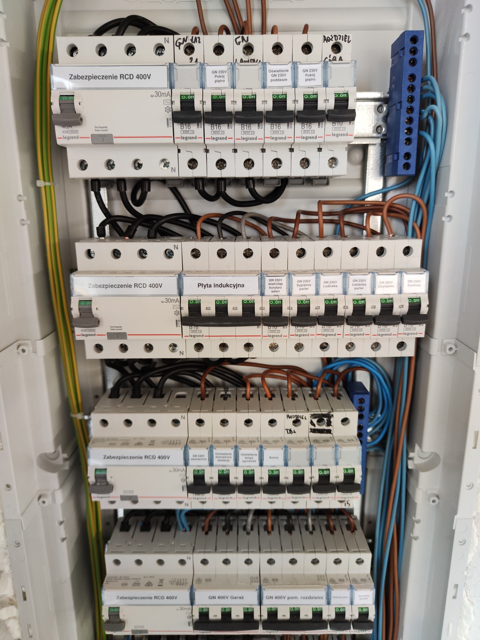 Rozdzielnica elektryczna z zabezpieczeniami RCD i wyłącznikami nadprądowymi, opisane obwody, widoczne przewody i elementy montażowe wewnątrz obudowy.