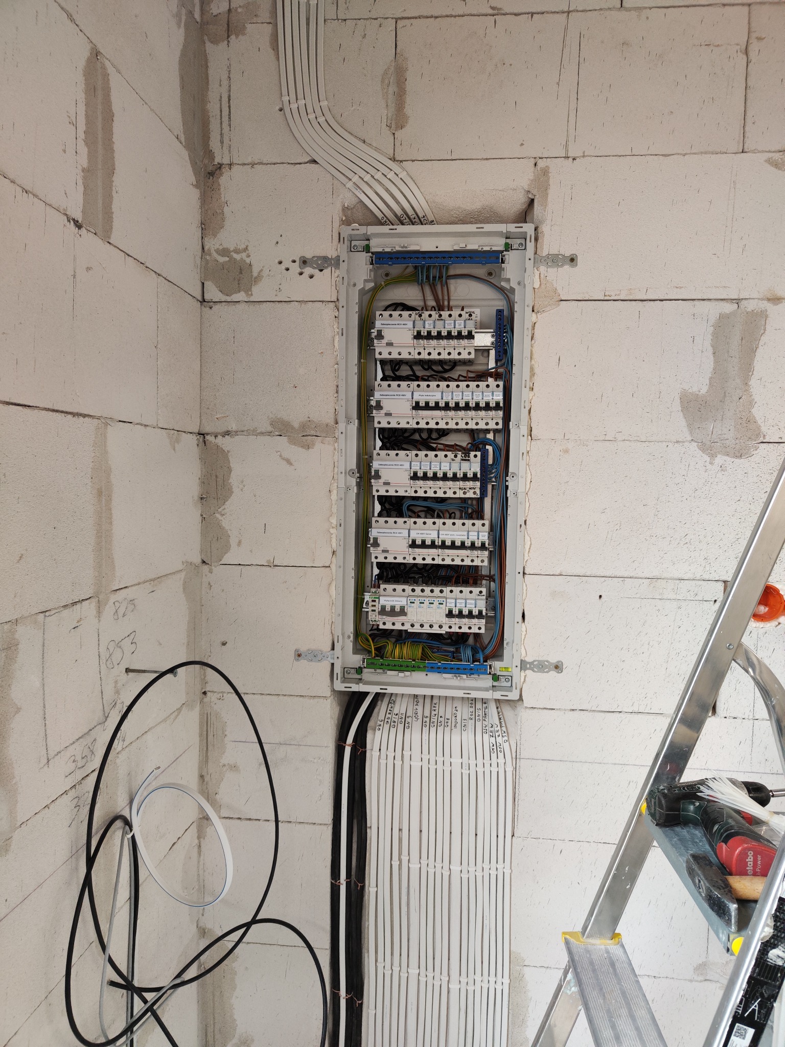 Rozdzielnica elektryczna zamontowana na ścianie z betonu komórkowego, widoczne liczne przewody, drabina aluminiowa z narzędziami po prawej stronie, surowy stan wykończenia wnętrza.