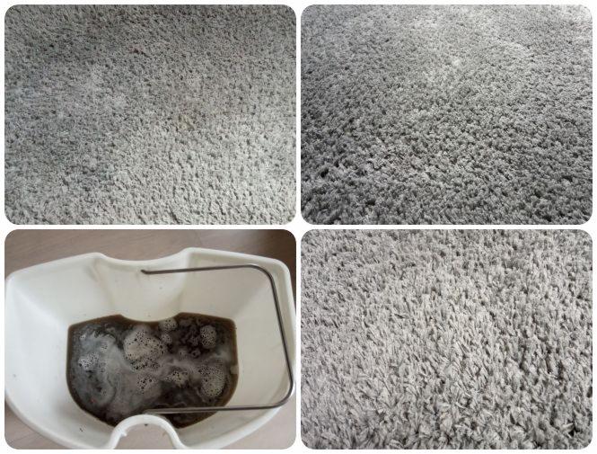 Czteropanelowe ujęcie: dywan przed czyszczeniem (góra po lewej), dywan po czyszczeniu (góra po prawej), wiadro z brudną wodą po czyszczeniu dywanu (dół po lewej), dywan po czyszczeniu z bliska (dół...