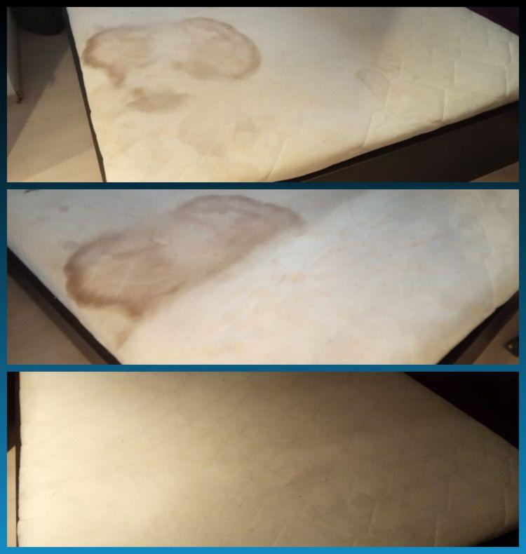 Trzy kadry materaca: z widocznymi plamami, zbliżenie plam i materac po czyszczeniu, bez plam.