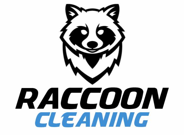 Logo firmy sprzątającej 'Raccoon Cleaning' z graficznym przedstawieniem głowy szopa pracza w czerni i bieli.