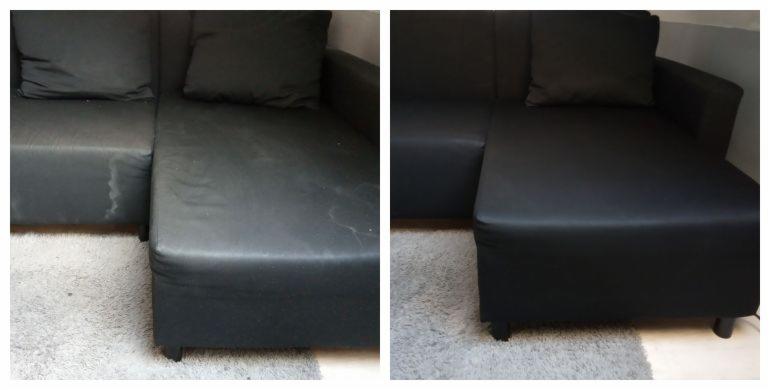 Porównanie stanu czarnej, skórzanej sofy przed i po czyszczeniu. Po lewej widoczne zabrudzenia i plamy, po prawej sofa wygląda jak nowa, bez śladów użytkowania, na tle jasnego dywanu.