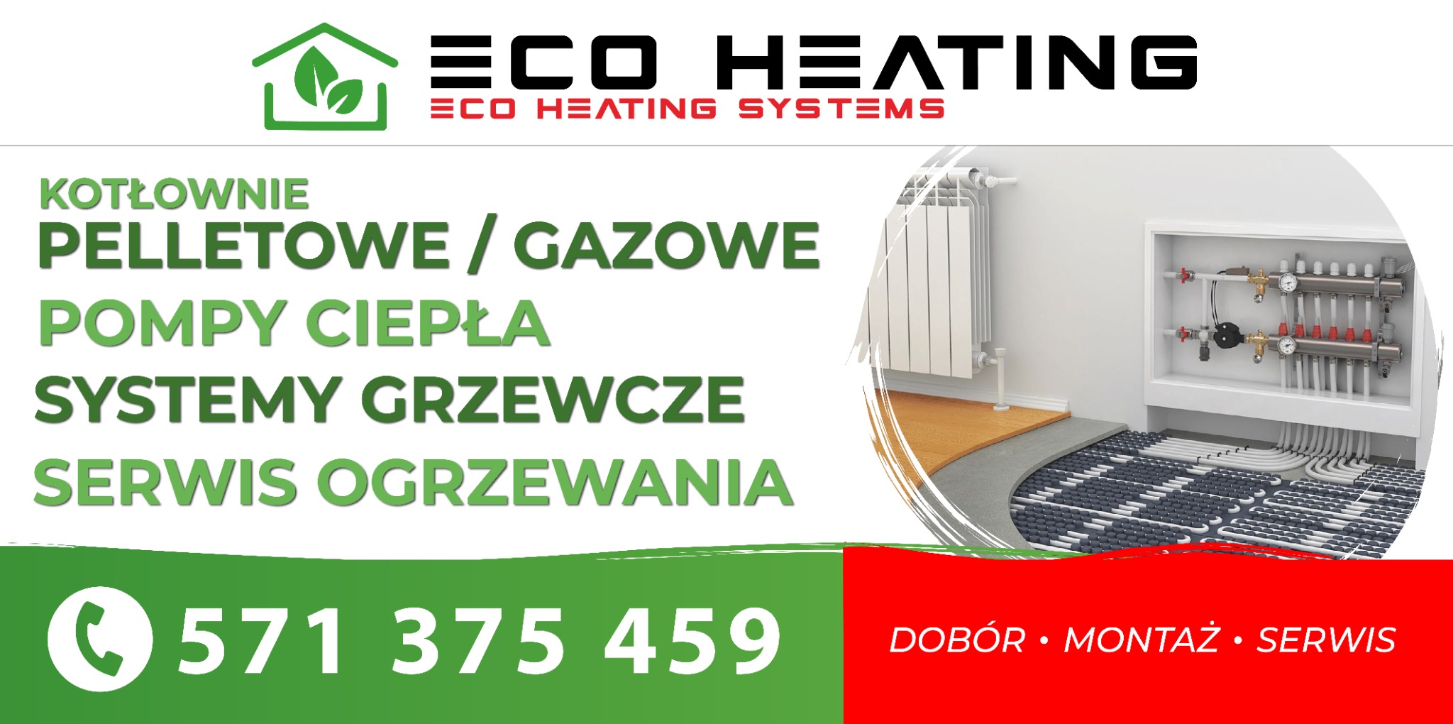 Schemat instalacji ogrzewania podłogowego z widocznym rozdzielaczem w szafce i grzejnikiem ściennym, prezentowany na tle logo firmy Eco Heating Systems.