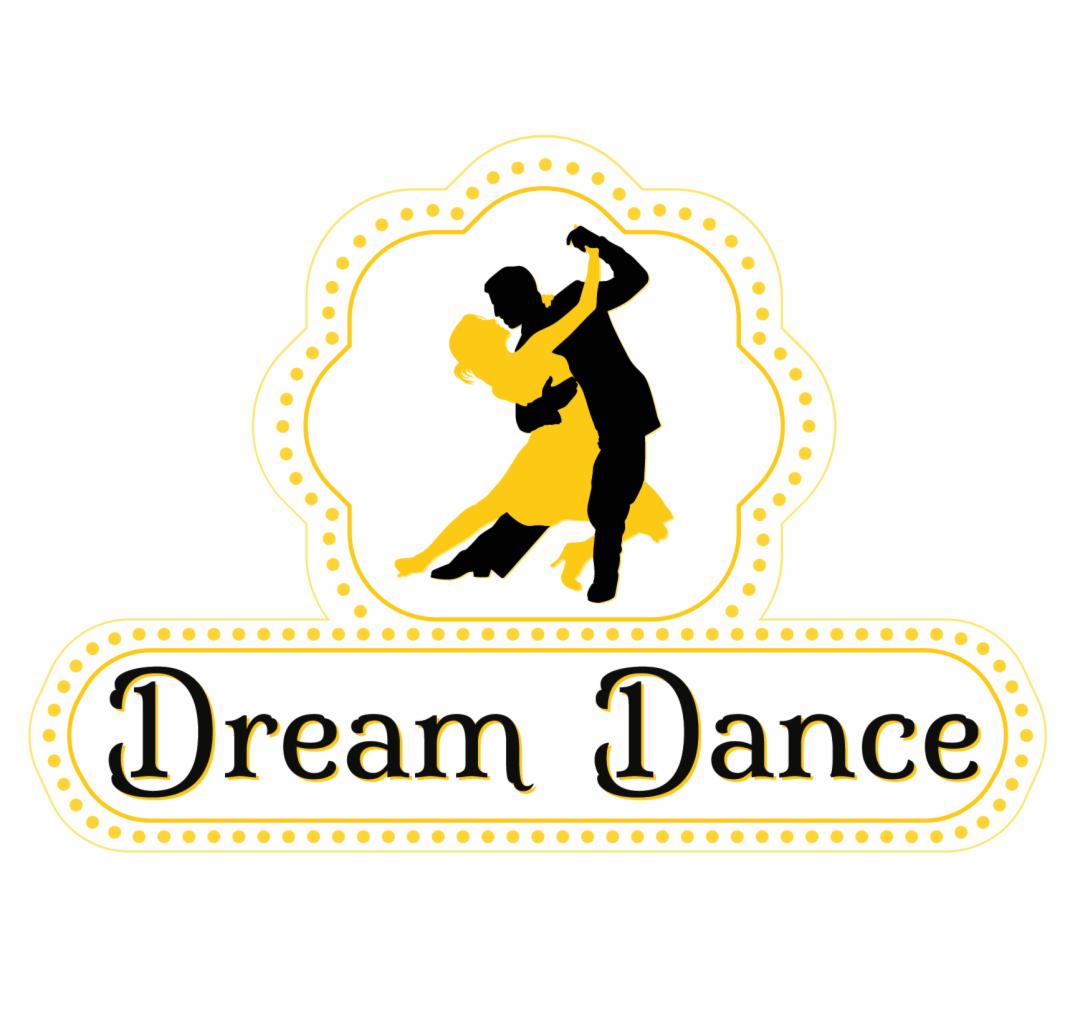Logo z sylwetkami pary tanecznej w tańcu towarzyskim, on w czerni, ona w żółci, nad napisem 'Dream Dance' w czcionce szeryfowej, całość w ozdobnej ramce z kropek.