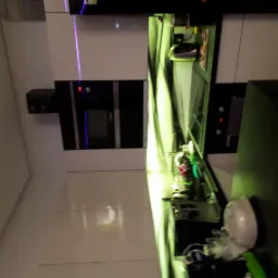 Nowoczesna kuchnia z białymi szafkami i czarnymi wbudowanymi urządzeniami, oświetlona fioletowym światłem LED, widok z perspektywy blatu.