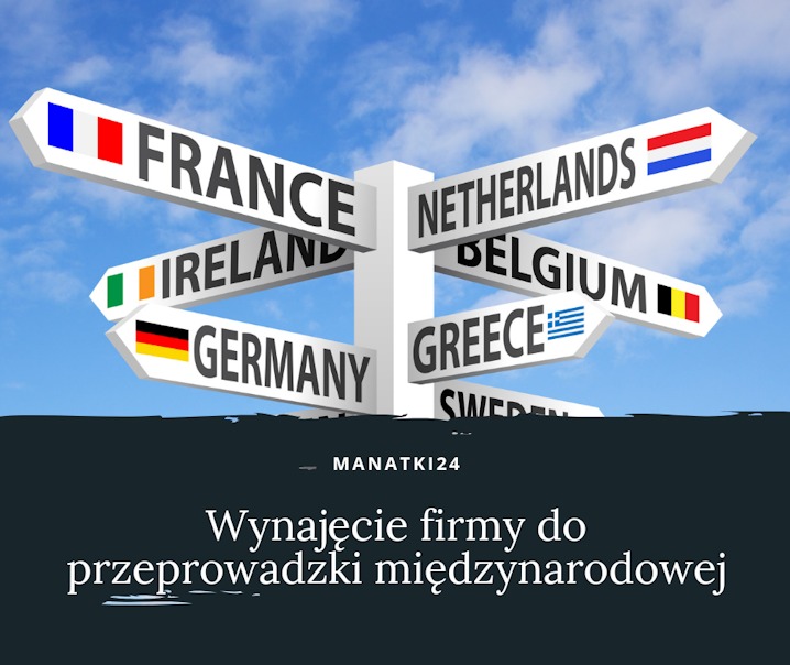 Ilustracja kierunkowskazu z nazwami państw europejskich (Francja, Niemcy, Irlandia, Holandia, Belgia, Grecja, Szwecja) i ich flagami na tle błękitnego nieba z chmurami, z ciemnym paskiem na dole...