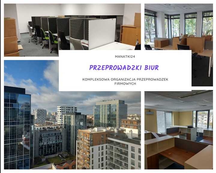 Kompozycja zdjęć przedstawiająca biuro przed i po przeprowadzce, z widokiem na panoramę miasta Warszawa w tle. Widoczne kartony spakowane do transportu, biurka i krzesła biurowe.