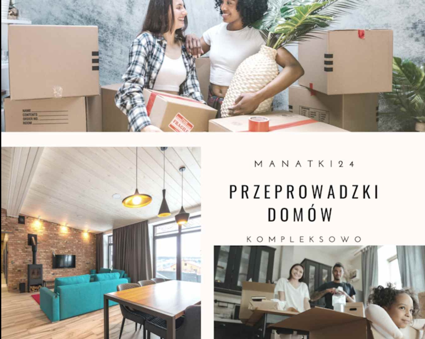 Dwie uśmiechnięte kobiety stoją obok kartonowych pudeł z napisem 'Fragile' i miejscem na opis zawartości, w tle widok salonu i rodziny pakującej kartony.