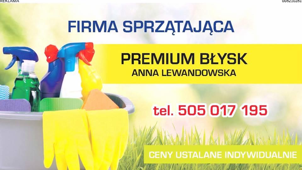 Reklama firmy sprzątającej Premium Błysk Anny Lewandowskiej, z numerem telefonu i informacją o indywidualnych cenach, prezentująca wiadro ze środkami czystości i żółtymi rękawicami na tle rozmytej...
